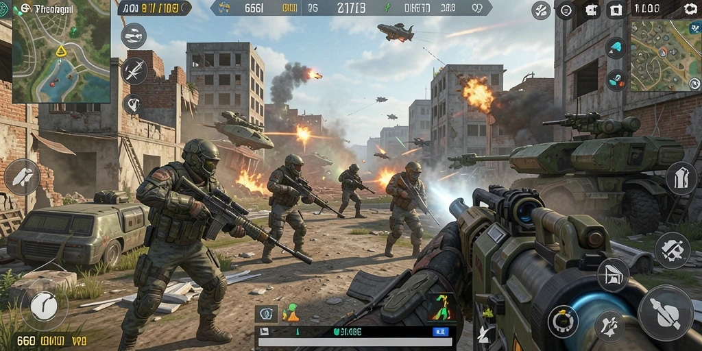 Tampilan aksi intens dari gameplay 666I dalam pertempuran FPS.