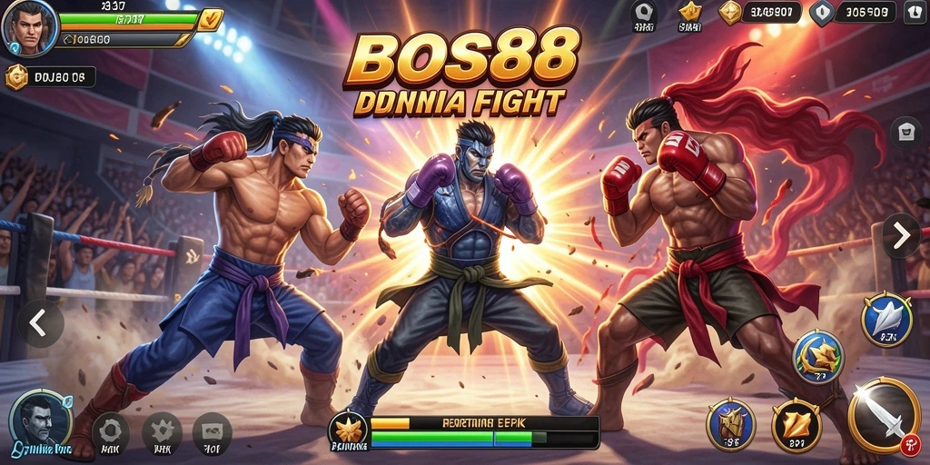 Screenshot gameplay <strong>BOS88</strong> dengan pertarungan karakter yang menegangkan.