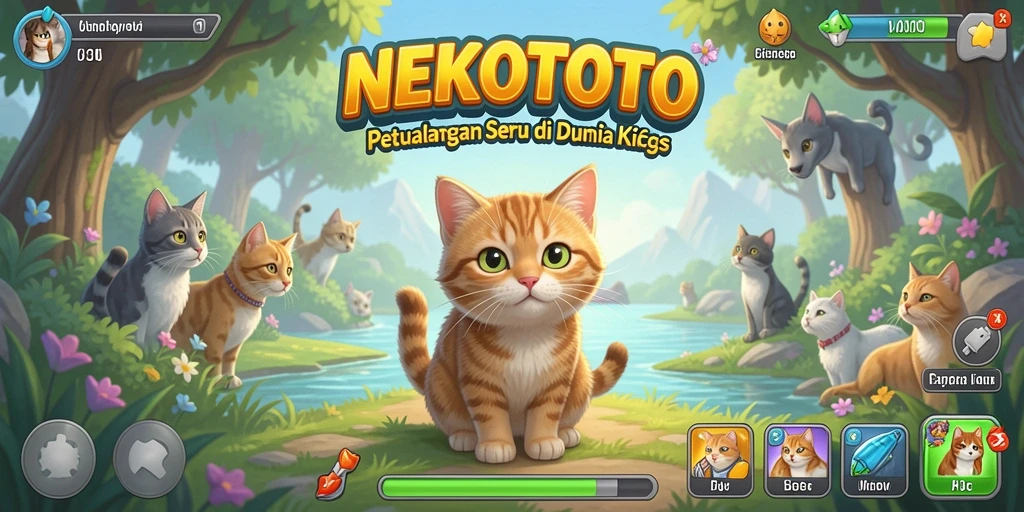 Screenshot gameplay NEKOTOTO yang menampilkan petualangan seru kucing.