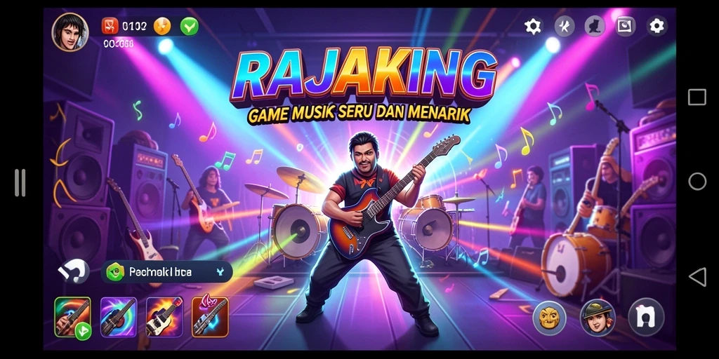 Tampilan gameplay RAJAKING dengan grafis menarik dan tantangan musik.