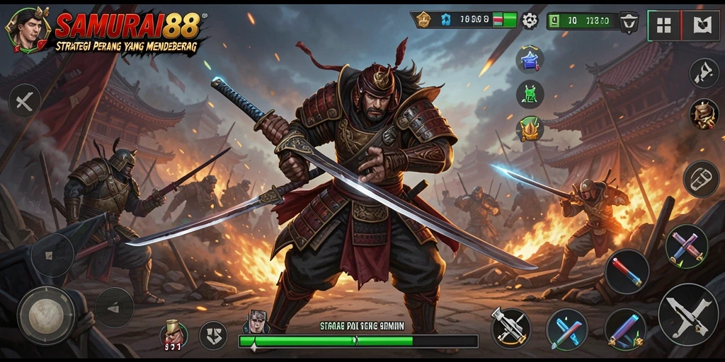 Tampilan gameplay SAMURAI88 menunjukkan pertempuran strategis yang epik.